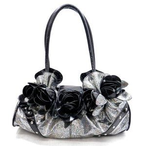 New Faux Leather Handbag With Roses Silver